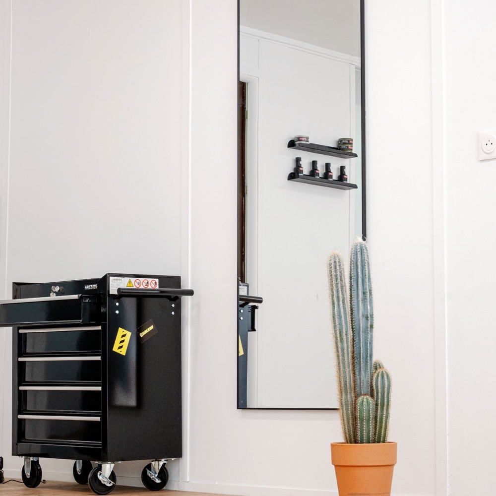 Décoration du salon — cactus, miroir et servante